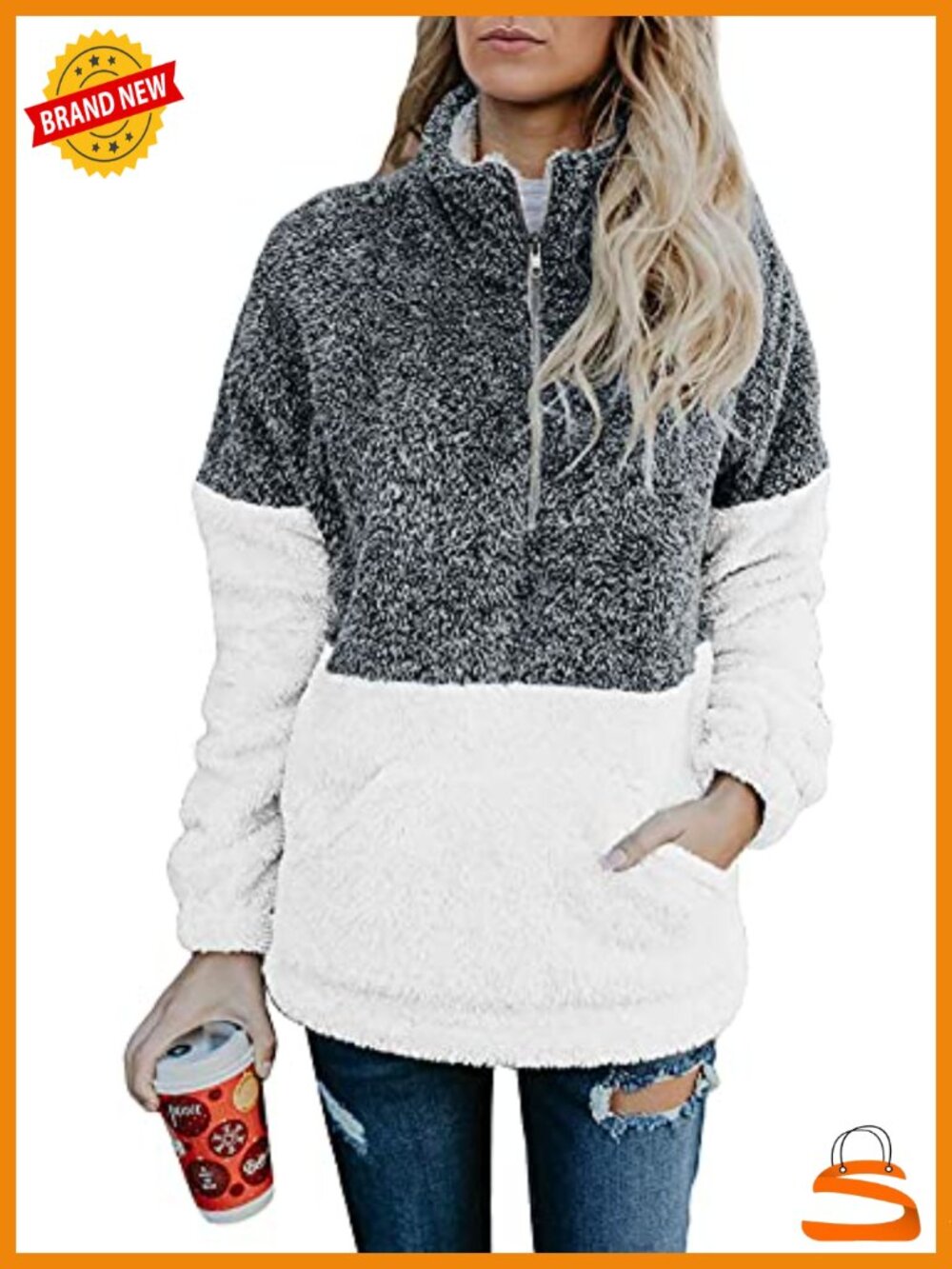 Sherpa Quarter Zip Pullover Sweatshirt Loose Fit Fleece Kangaroo Pocket